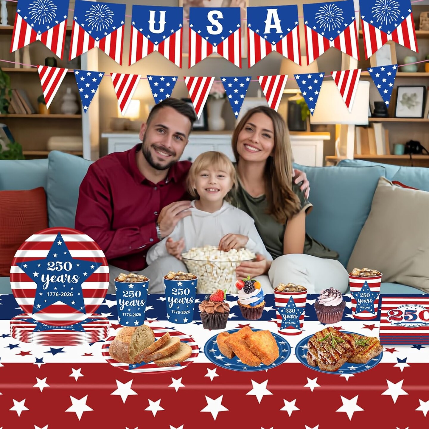 4th of July 250th Anniversary Patriotic Party Kit for 24 Guests – American Flag Disposable Tableware Set with Plates, Cups, Napkins, Tablecloth & Banners for Independence Day & Memorial Day