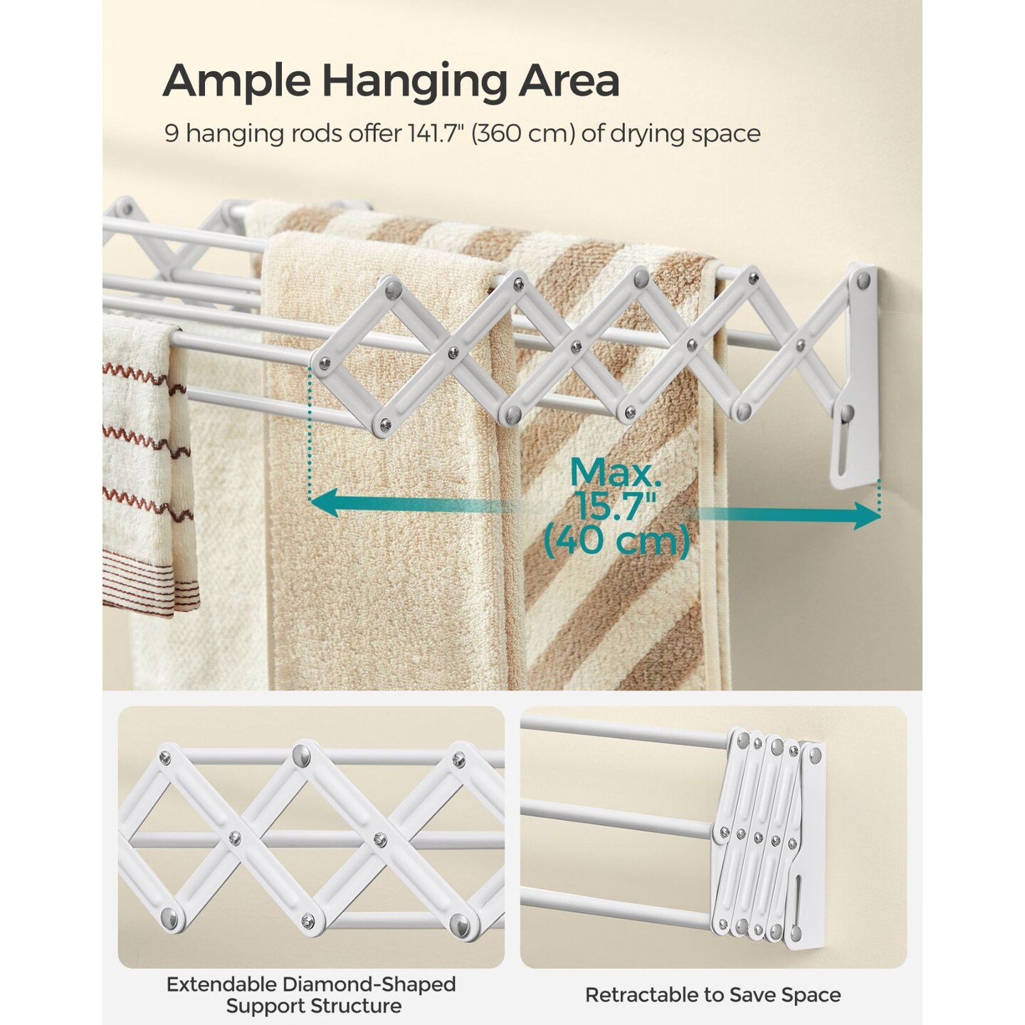 Foldable Wall Mounted Drying Rack Steel Accordion Clothes Air Dry Rack with Extendable Design for Towels Clothes Bathroom and Laundry Room