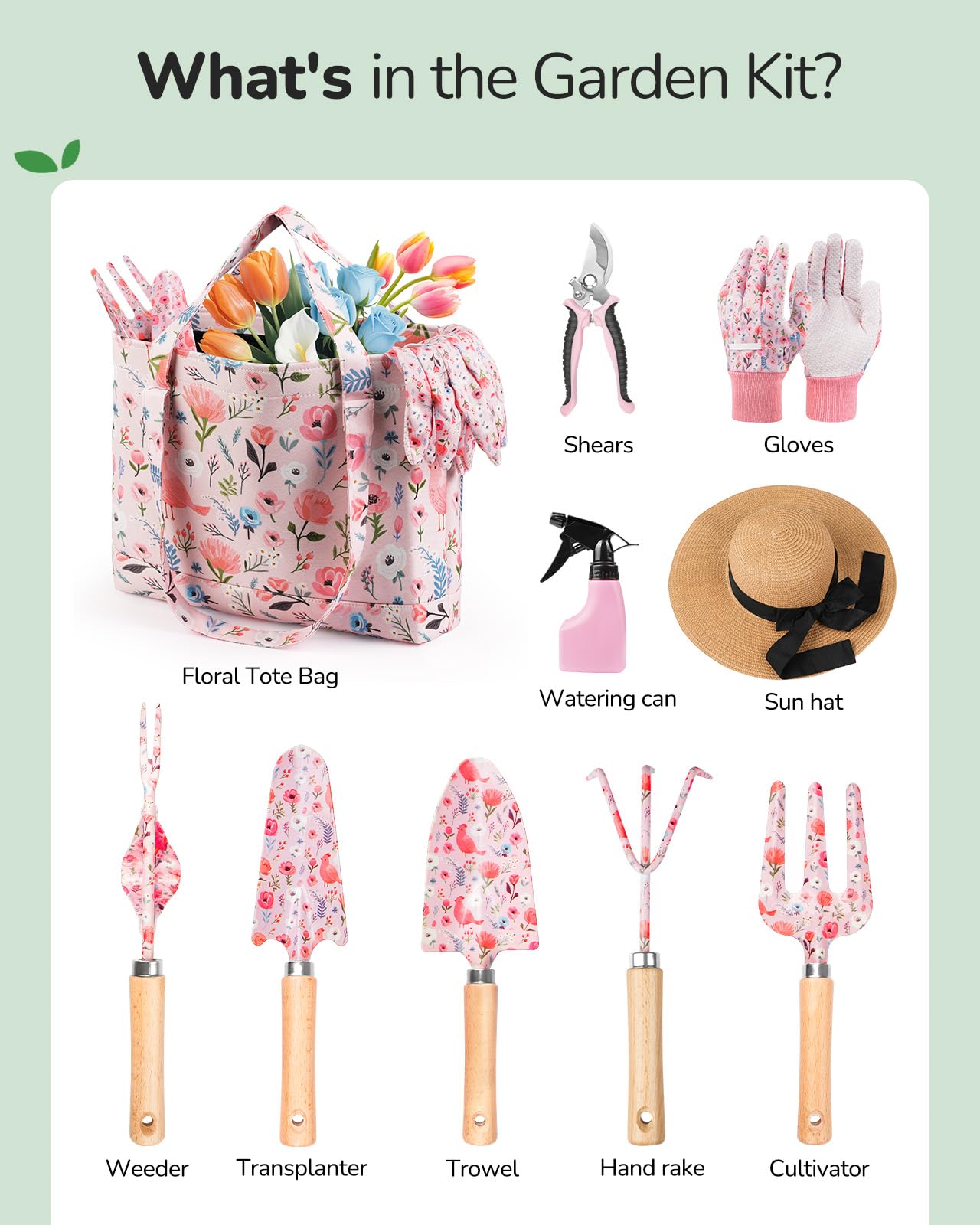 Gardening Tools, 10-Piece Gardening Gift Set for Women, Rust-Proof & Heavy-Duty Tools with Floral Organizer Bag, Fashionable & Thoughtful Gift for Garden Women (Pink)