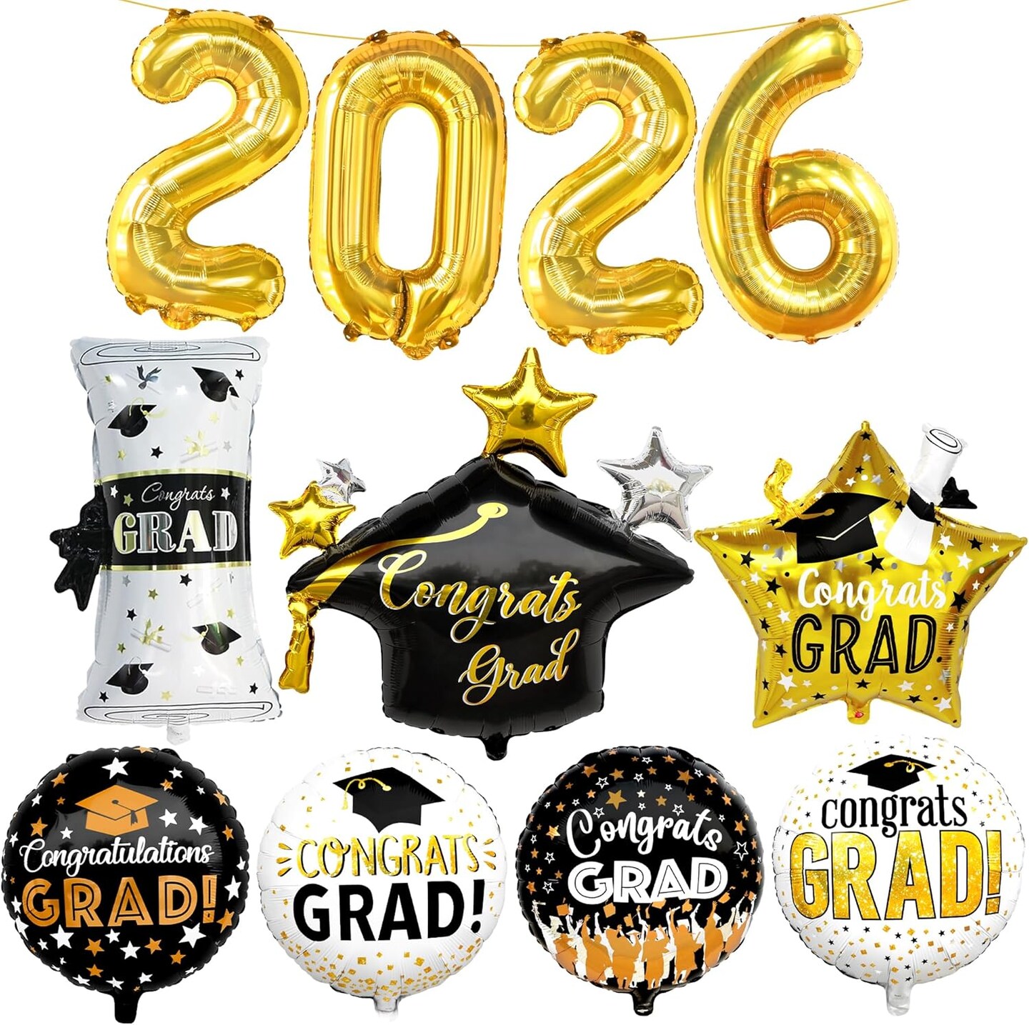 Graduation Party Balloons – Class of 2026 Pack of 11 Black & Gold Balloon Set with 28” Grad Cap, 2026 Number Balloons, Certificate & Star Foil Balloons for Graduation Decorations