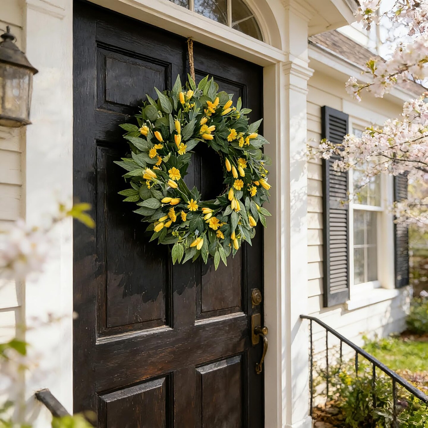 24" Large Yellow Tulip Spring Wreath – Artificial Silk Flower Door Wreath with Mixed Greenery for Front Door, Porch, Farmhouse & Outdoor Home Decor