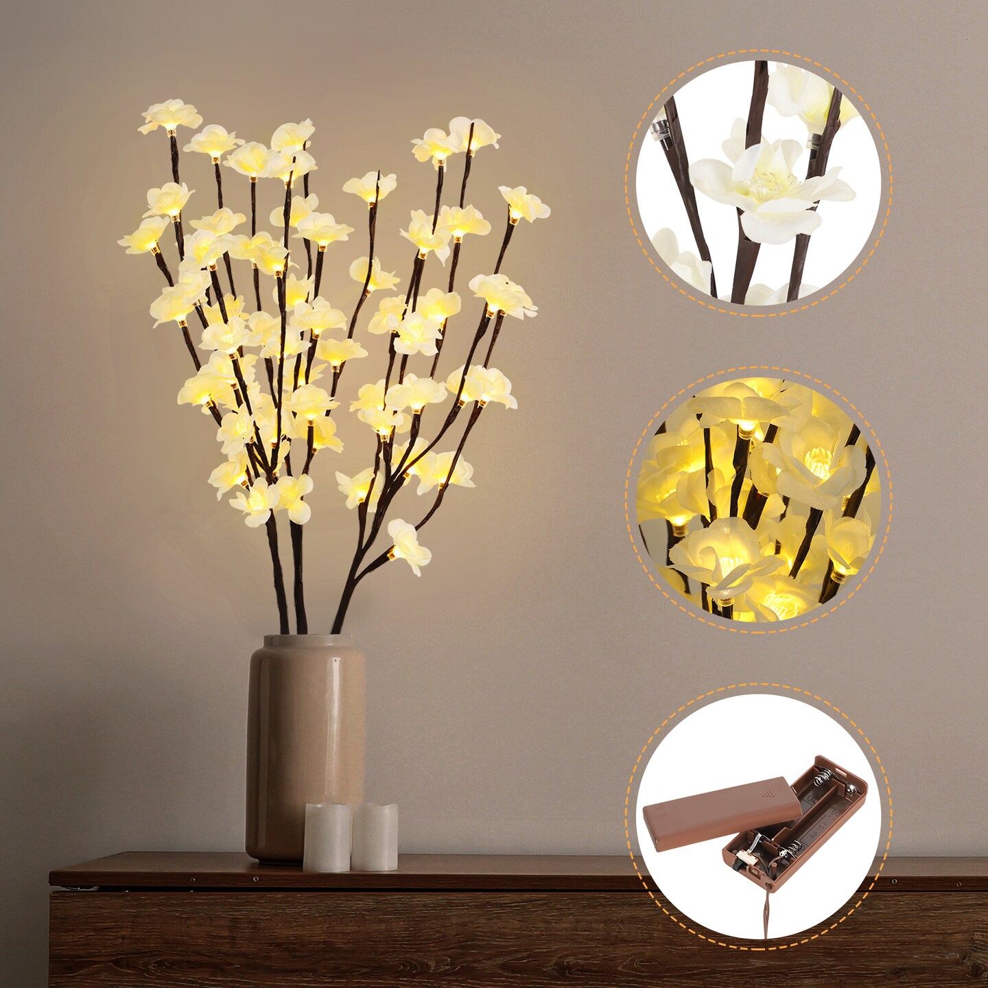 Warm White LED Lighted Magnolia Branches, Battery Operated Flower Lights for Vase Decor