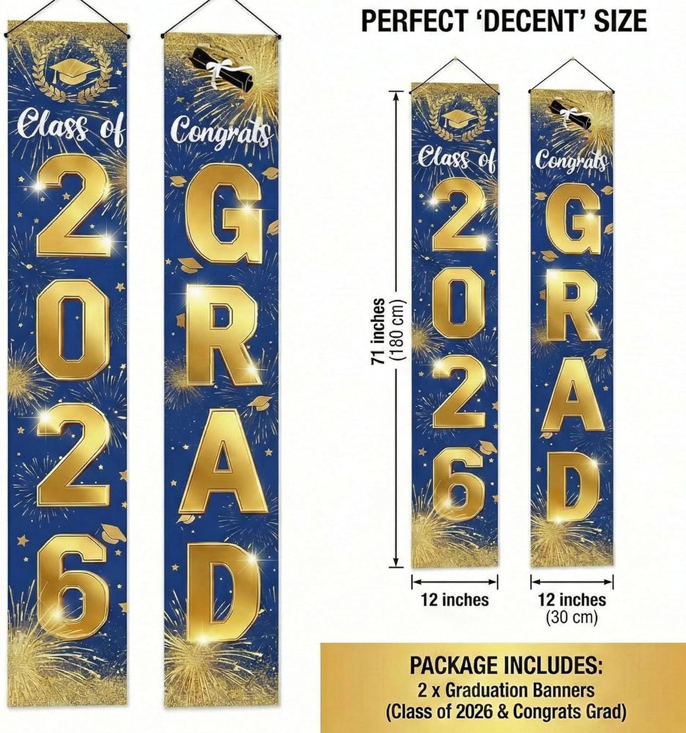 Graduation Party Decoration – Blue Class of 2026 Congrats Grad Door Porch Banner Set, Waterproof Outdoor Graduation Decor for Wall, Porch & Yard Display
