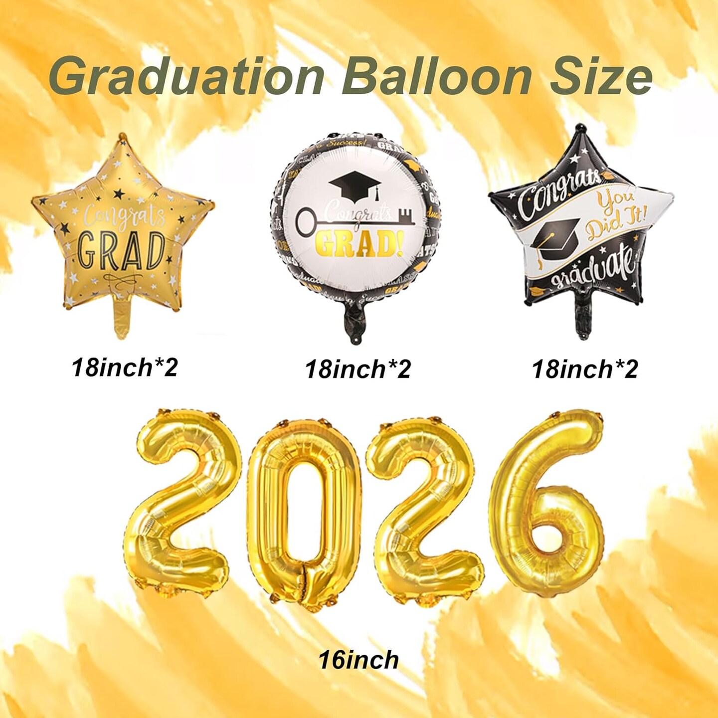 Graduation Party Balloons 2026 – Gold “2026” Number Balloons & Congrats GRAD Foil Balloon Set for Class of 2026 Decorations