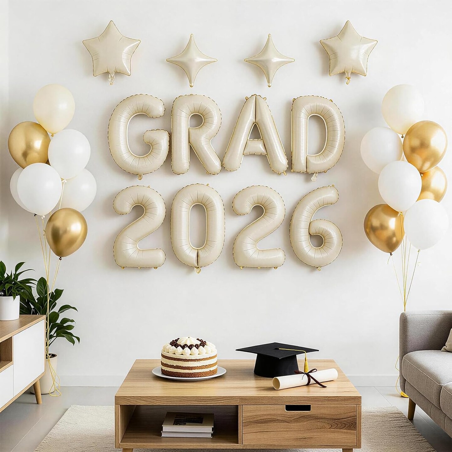 Graduation Party Balloons – 12-Piece White Sand “GRAD 2026” Foil Balloon Set with Star Accents for Class of 2026 Graduation Decorations & Photo Backdrop