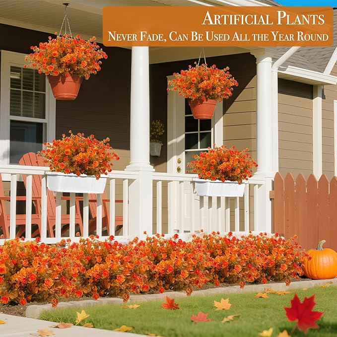 20 Bundles Artificial Fall Flowers for Outdoors Fall Thanksgiving Decorations-UV Resistant Fake Mums Faux Plant Plastic Flowers Gardens Porch Fireplace Home Autumn Decor(Brown Eucalyptus Flower)