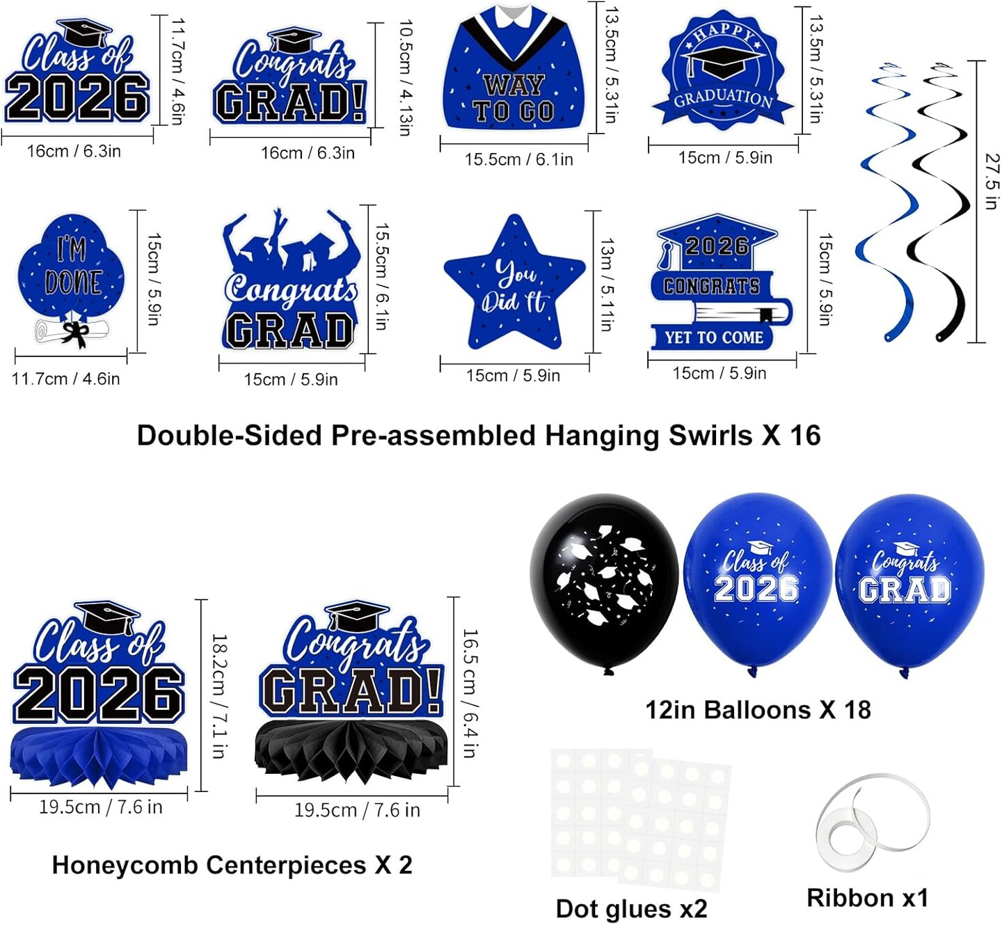 Graduation Party Decoration – 59PCS Class of 2026 Blue Graduation Decor Set with Backdrop, Balloons, Banner, Hanging Swirls & Centerpieces for All Grade Graduation Celebrations