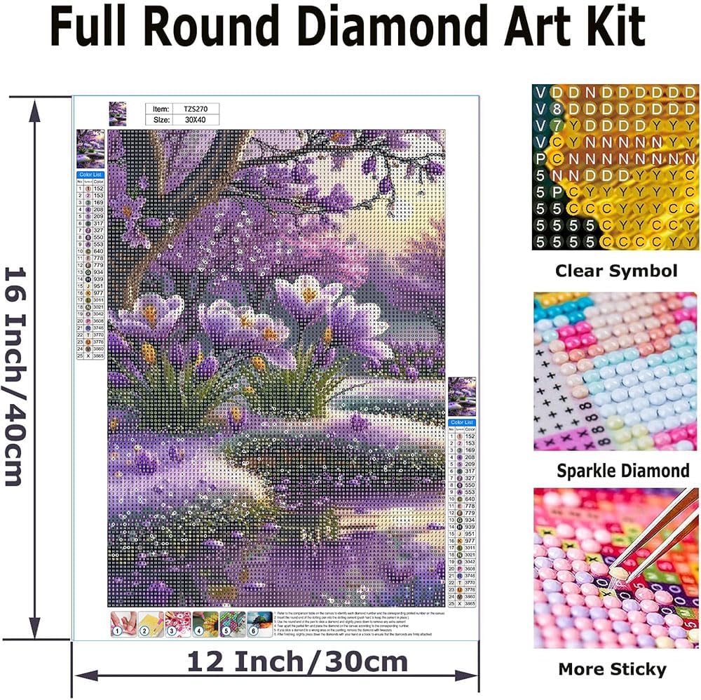 Purple Spring Flower 5D Diamond Art Kit – 12x16” Full Round Drill DIY Landscape Painting – High-Definition Waterproof Gem Art for Adults & Beginners – Shimmering Floral Rhinestone Wall Decor