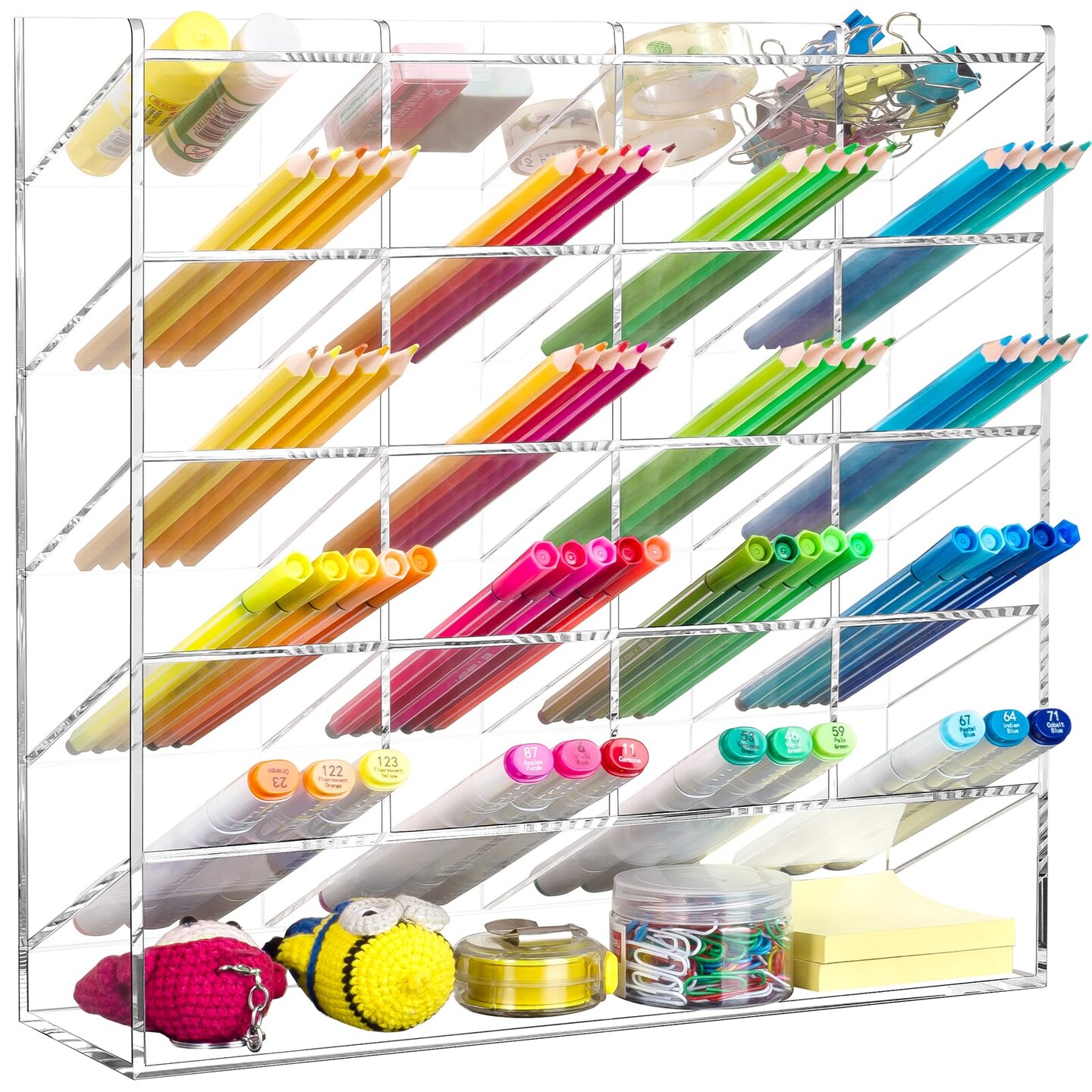Acrylic Vertical Marker Organizer for 250 Markers with 21 Compartments, Clear Angled Pen & Pencil Holder, Large Desk Stationery & Art Supply Storage for Office & School (13 x 12.5 x 4 Inch)