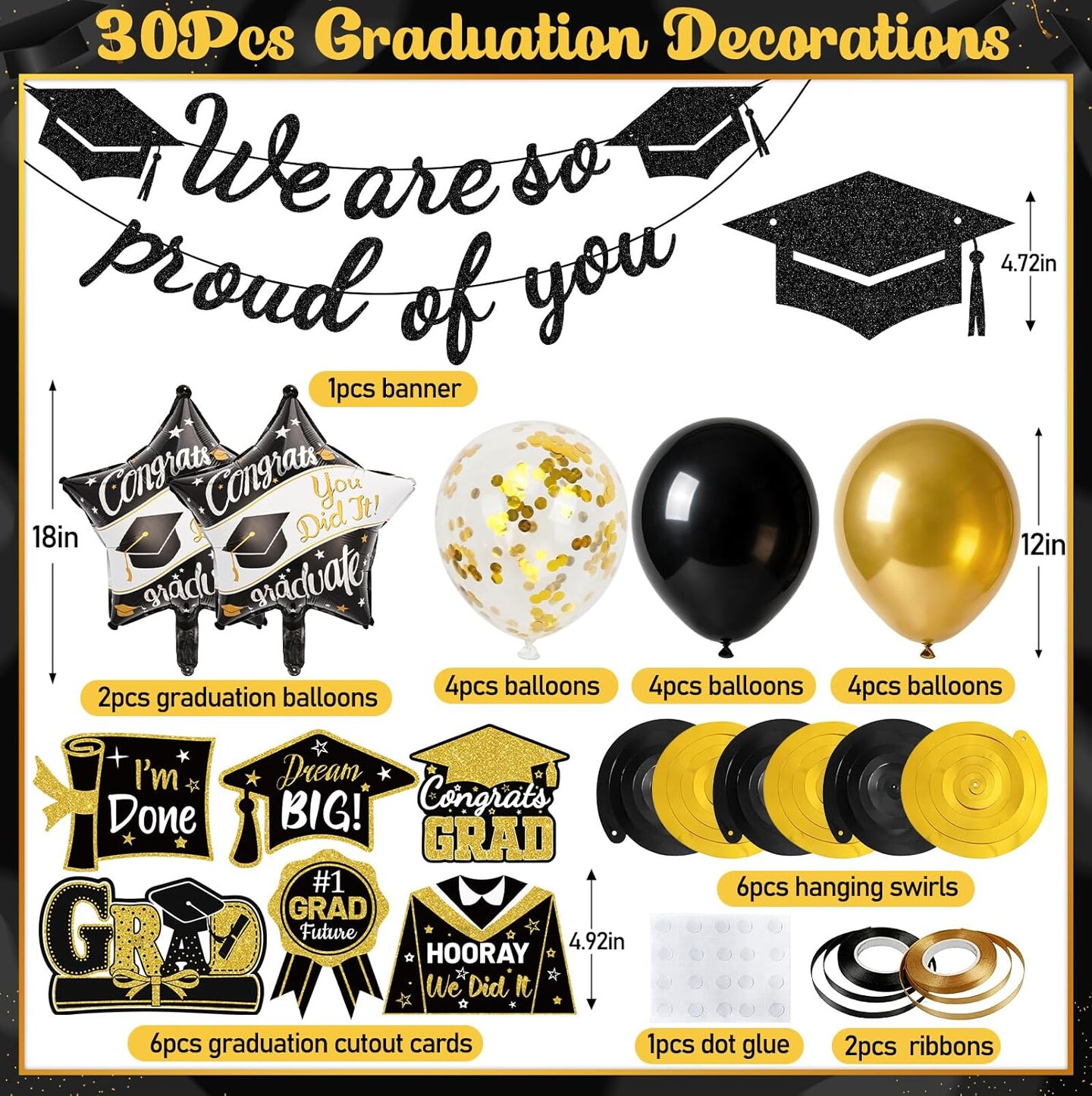 Graduation Party Decoration – Black & Gold Class of 2026 Complete Graduation Decor Kit with Banner, Balloons, Hanging Swirls & “We Are So Proud of You” Sign for Party Setup