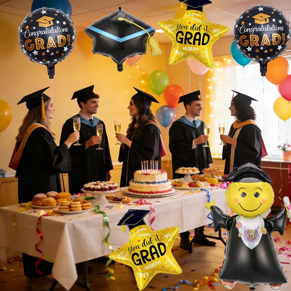 Graduation Party Balloons – 6-Piece Class of 2026 Congrats Grad Foil Mylar Balloon Set, Graduation Cap & Star “You Did It” Balloons for High School, College & Kindergarten Celebrations
