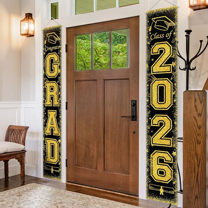 Class of 2026 Black & Gold Graduation Porch Banner Set - "Congrats Grad" Front Door Hanging Signs - Premium Weather-Resistant Fabric Decor for High School & College Graduation Party Supplies