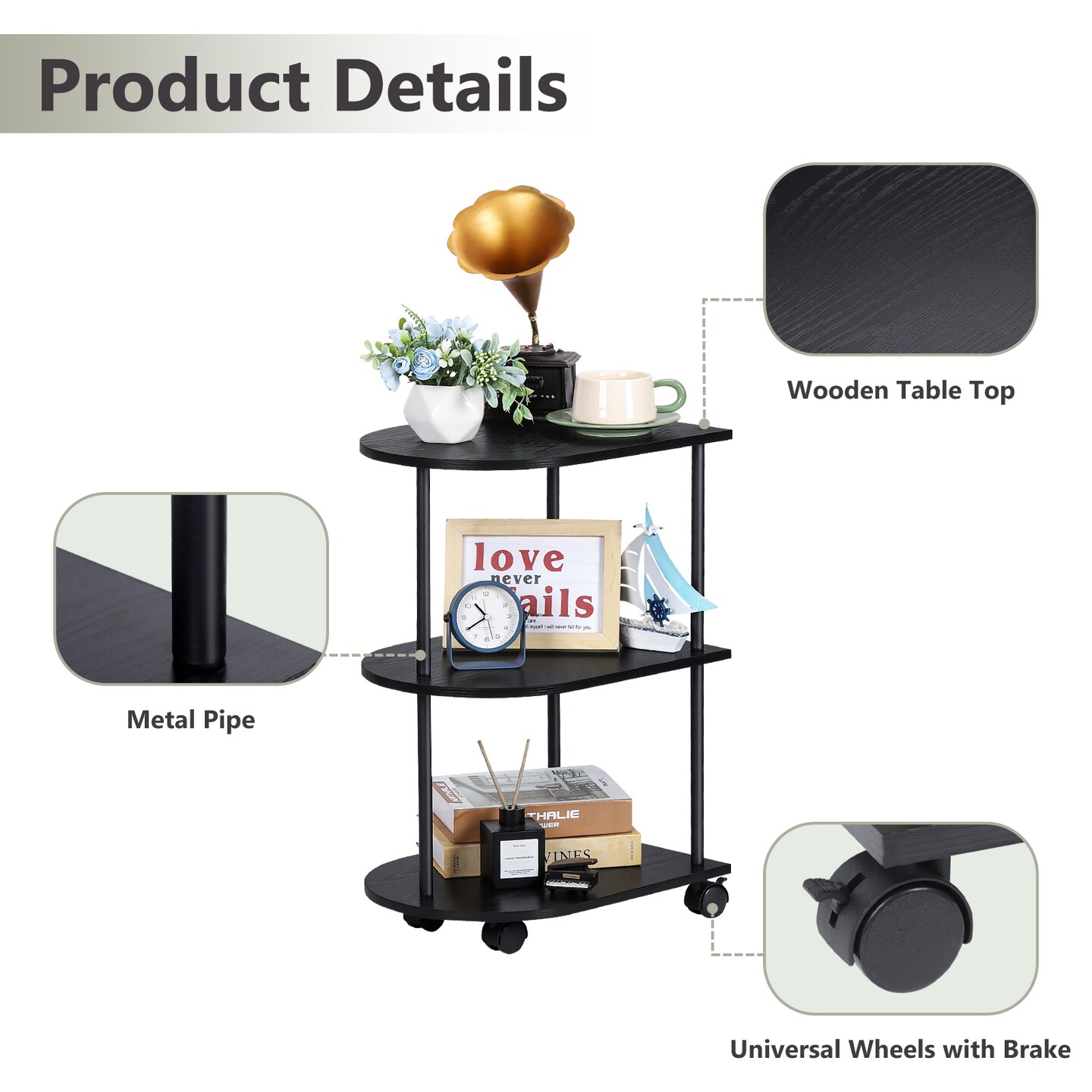 Black 3-Tier Rolling Side Table, Slim Narrow End Table with Wheels for Small Spaces