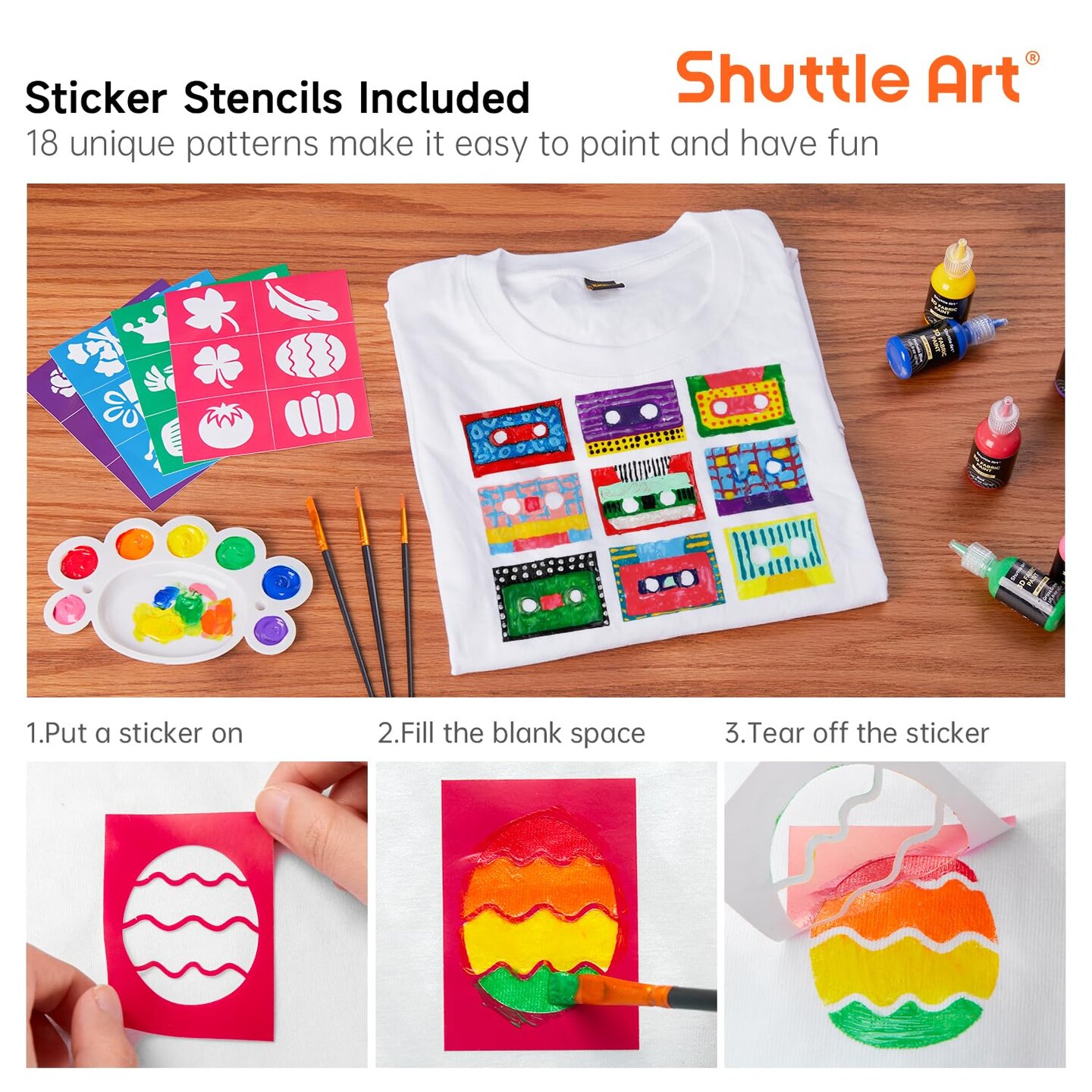 Fabric Paint, 24 Colors 3D Permanent Paint with Brushes Palette Pen Fabric Sheet Stencils, Glow in The Dark, Glitter, Metallic Colors for Textile Fabric T-shirt Jeans Glass