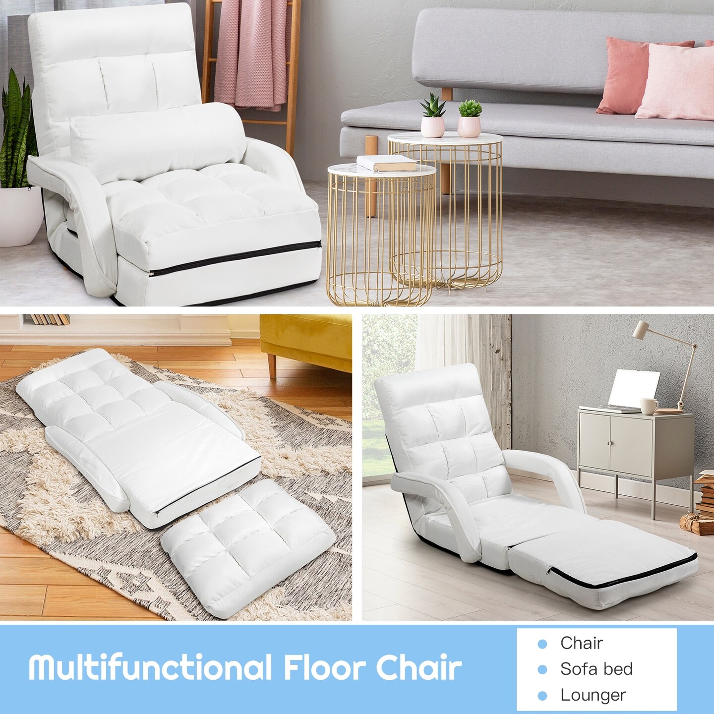 Modern Lazy Floor Sofa Chair Foldable Design with Linkage Armrests, Cushion Pillow, Durable Steel Frame Seating for Home, Office, Study Comfort