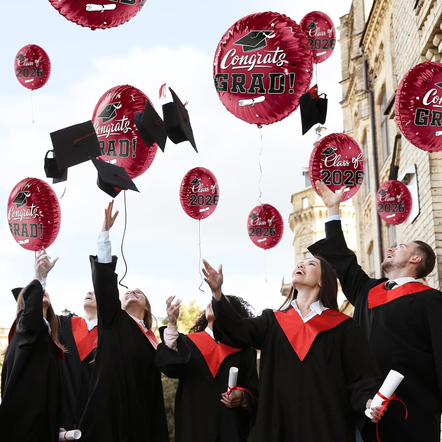 Graduation Party Balloons – Class of 2026 12-Piece 18” Maroon “Congrats Grad” Foil Balloon Set with Double-Sided Design for Graduation Decorations & Celebration Supplies