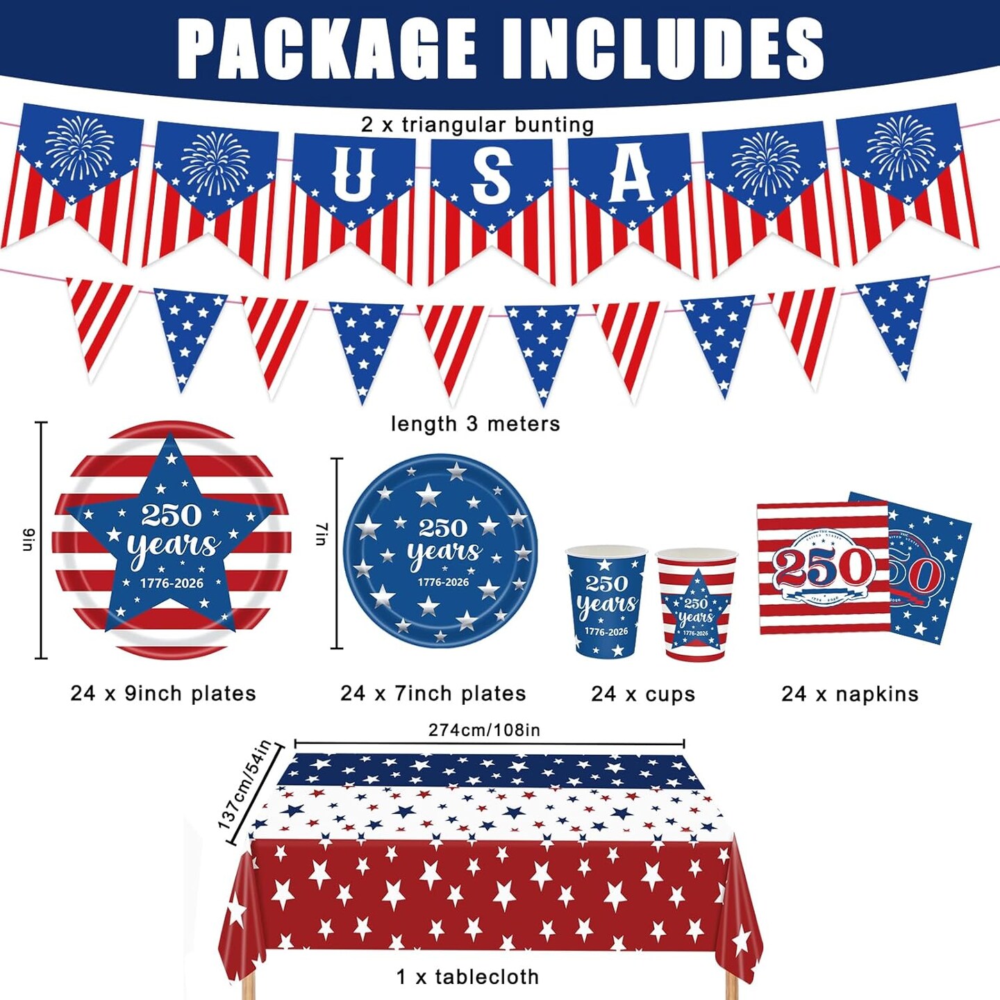 4th of July 250th Anniversary Patriotic Party Kit for 24 Guests – American Flag Disposable Tableware Set with Plates, Cups, Napkins, Tablecloth & Banners for Independence Day & Memorial Day