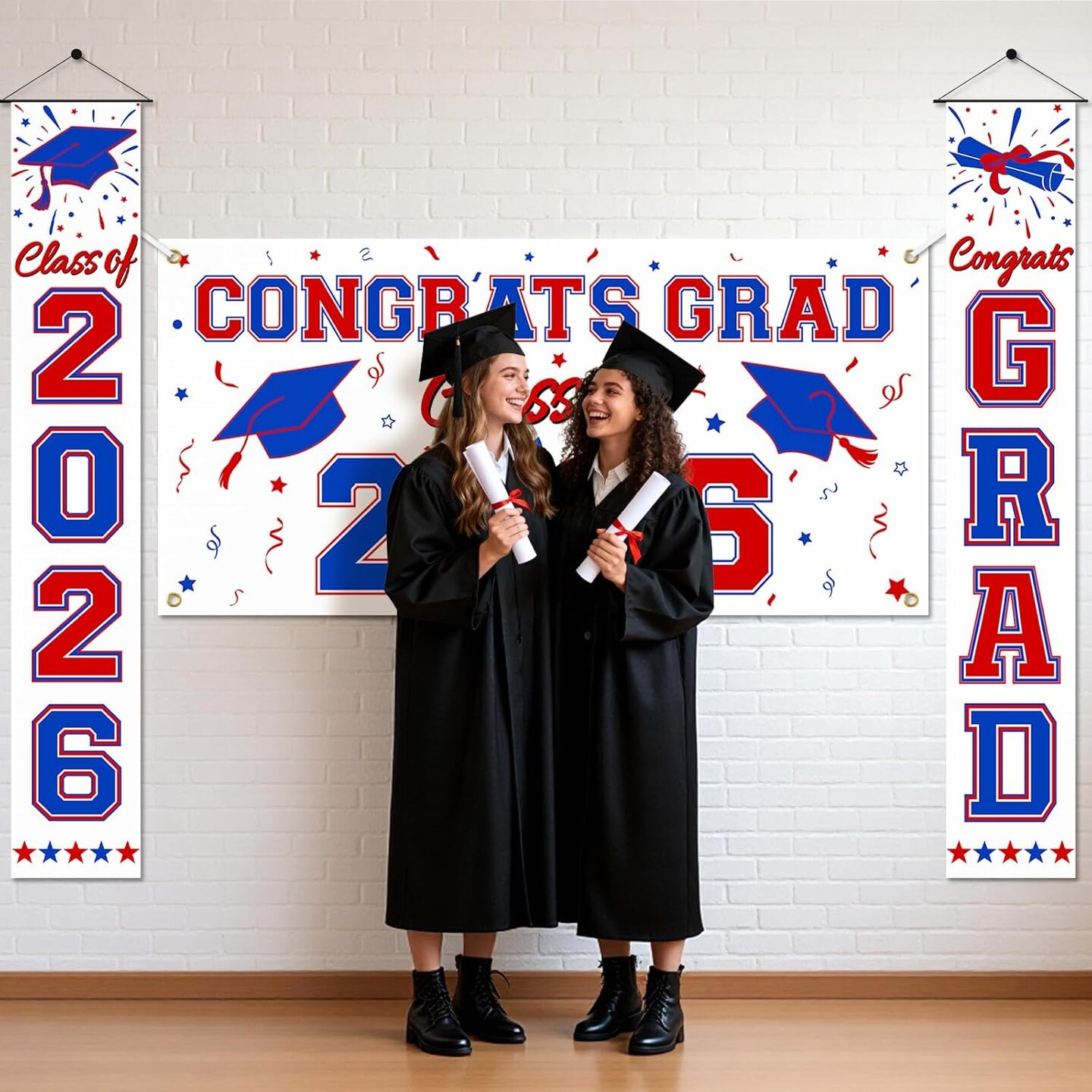Graduation Party Decoration – Red & Blue Class of 2026 Large 3-Piece Congrats Grad Banner Set with Backdrop & Hanging Signs for Indoor & Outdoor Graduation Decor