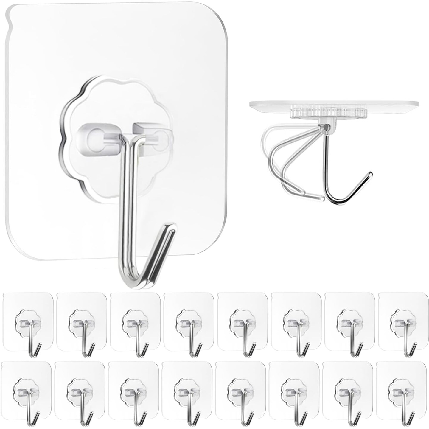 Adhesive Wall Hooks for Hanging, 16 Pack Self Sticky Hooks Heavy Duty 22lb Clear, Removable Shower Hook No Damage for Towel Key Coat Wreath Picture Outdoor Ceiling Bathroom Kitchen, Waterproof