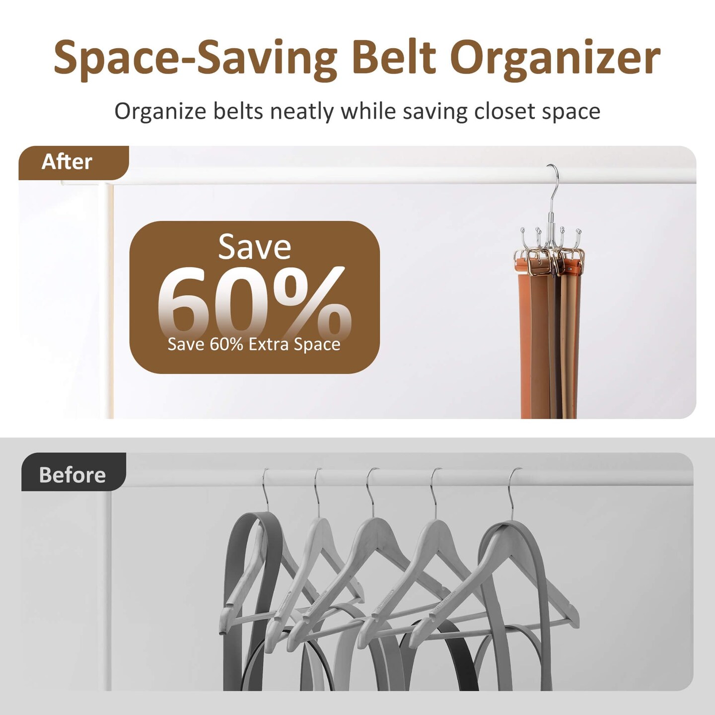 Belt Organizer for Closet, Heavy-Duty Rotating Belt Hanger Rack Holds up to 24 Belts, Hanging Space Saving Metal Belt Holder for Closet Storage, Silver