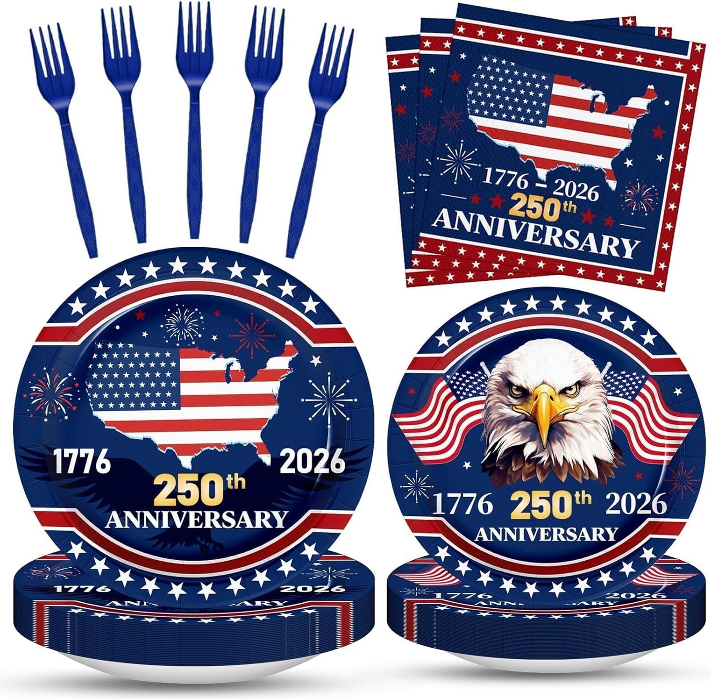 100PCS 250th Anniversary Patriotic Party Supplies Set for 25 Guests – Red, White & Blue Disposable Tableware with Plates, Napkins & Forks for 4th of July, Independence Day (1776–2026 Decor)