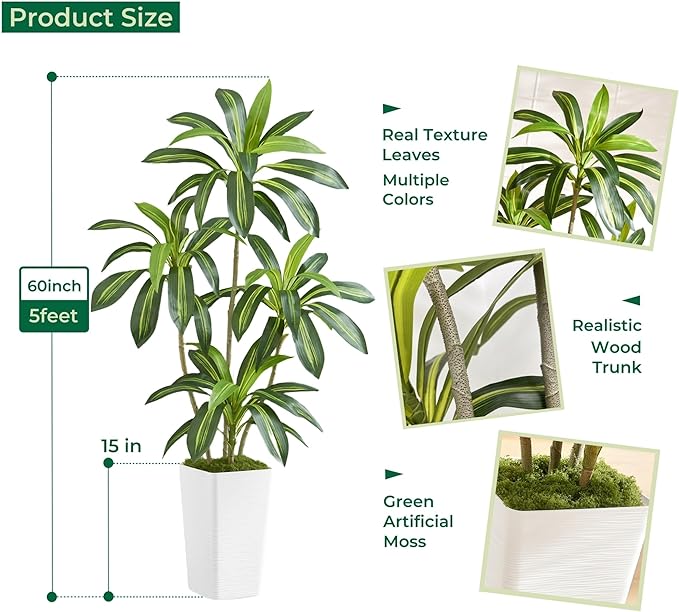 5FT Artificial Dracaena Tree with White Taper Planter & Green Moss - Real-Touch Faux Yucca Indoor Floor Plant for Home, Office & Commercial Decor