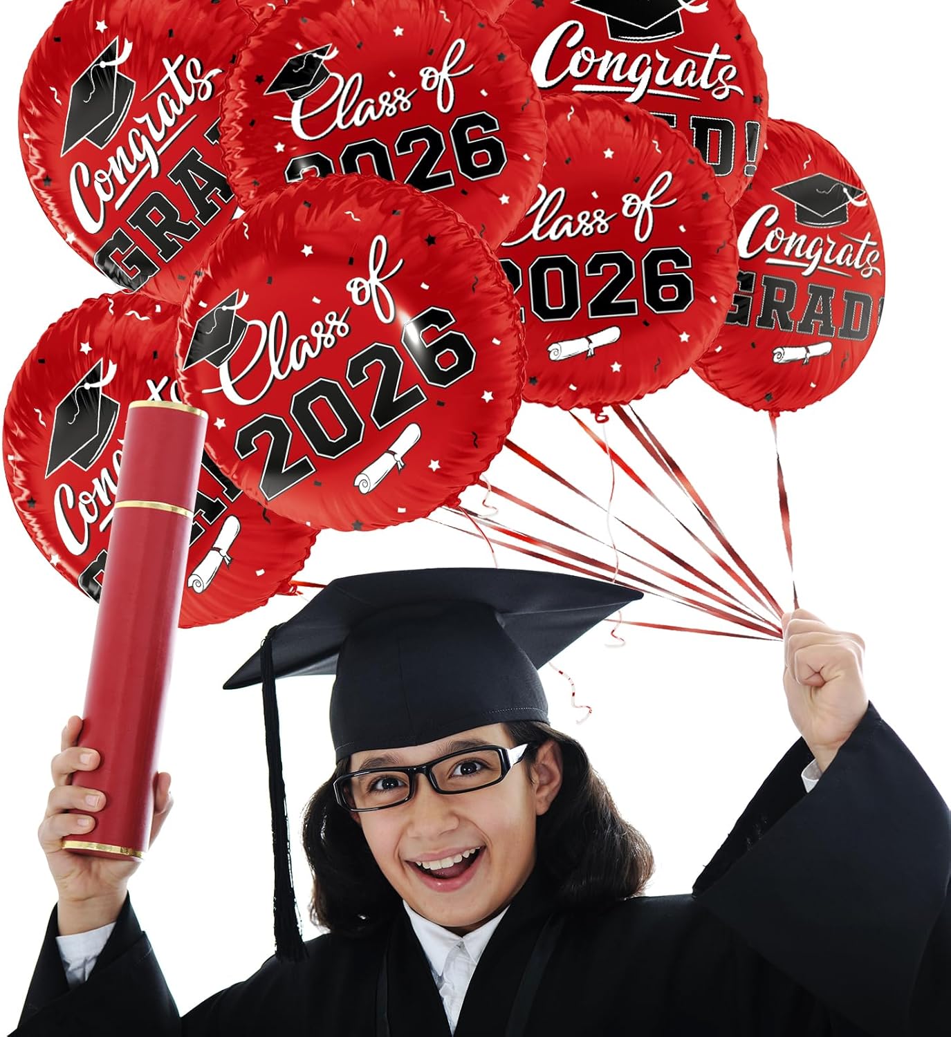 Graduation Party Balloons – Class of 2026 12-Piece 18” Red “Congrats Grad” Foil Balloon Set with Double-Sided Design for Graduation Decorations & Celebration Supplies