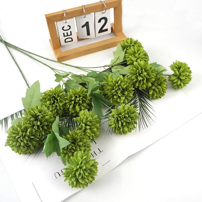 12Pcs Faux Flowers for Vase with Long Stem 23.6'' Green Chrysanthemum Flowers Artificial Spring Kiku Mums Silk Floral Arrangement for Easter Day Cemetery Home Kitchen Table Centerpiece Decor