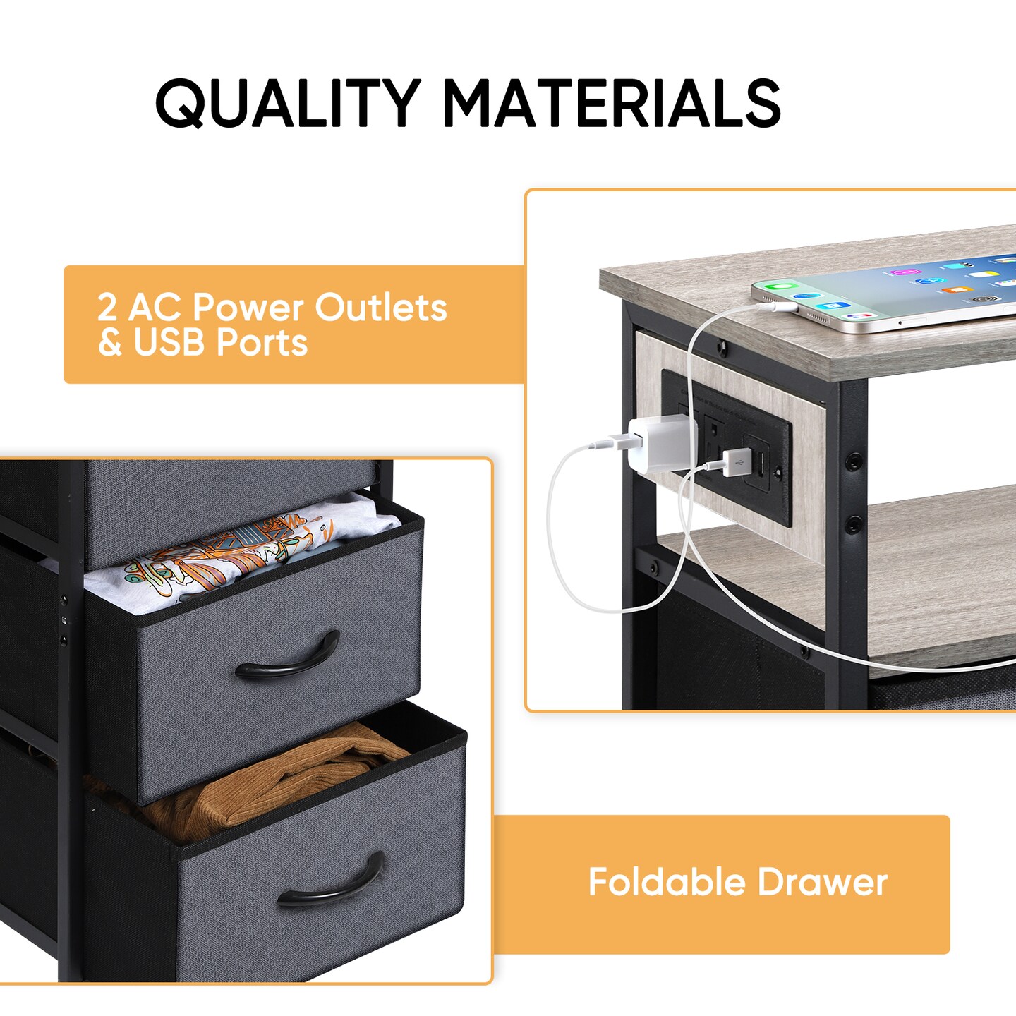 3-Drawer Nightstand with Charging Station, 30" Tall Bedside Table with USB Ports & Fabric Drawers