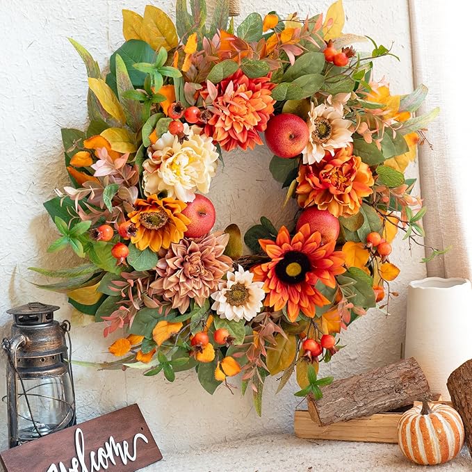 24" Fall Wreath for Front Door - Large Autumn Wreath with Artificial Apples, Dahlias & Sunflowers - Farmhouse Harvest Decor for Outdoor Porch, Wall & Window