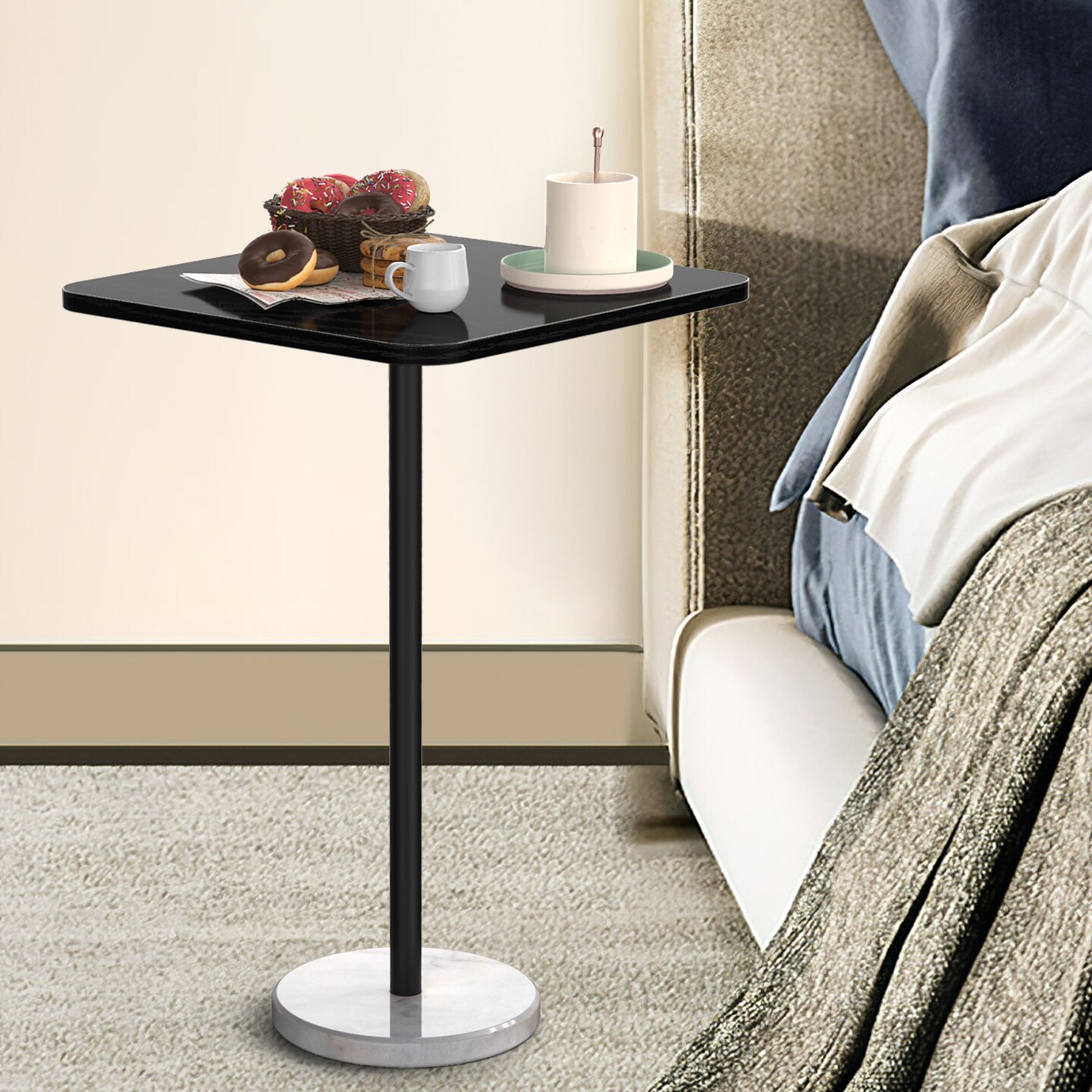 Modern Black Side Table with Marble Base, 15.6" Square Tall End Table