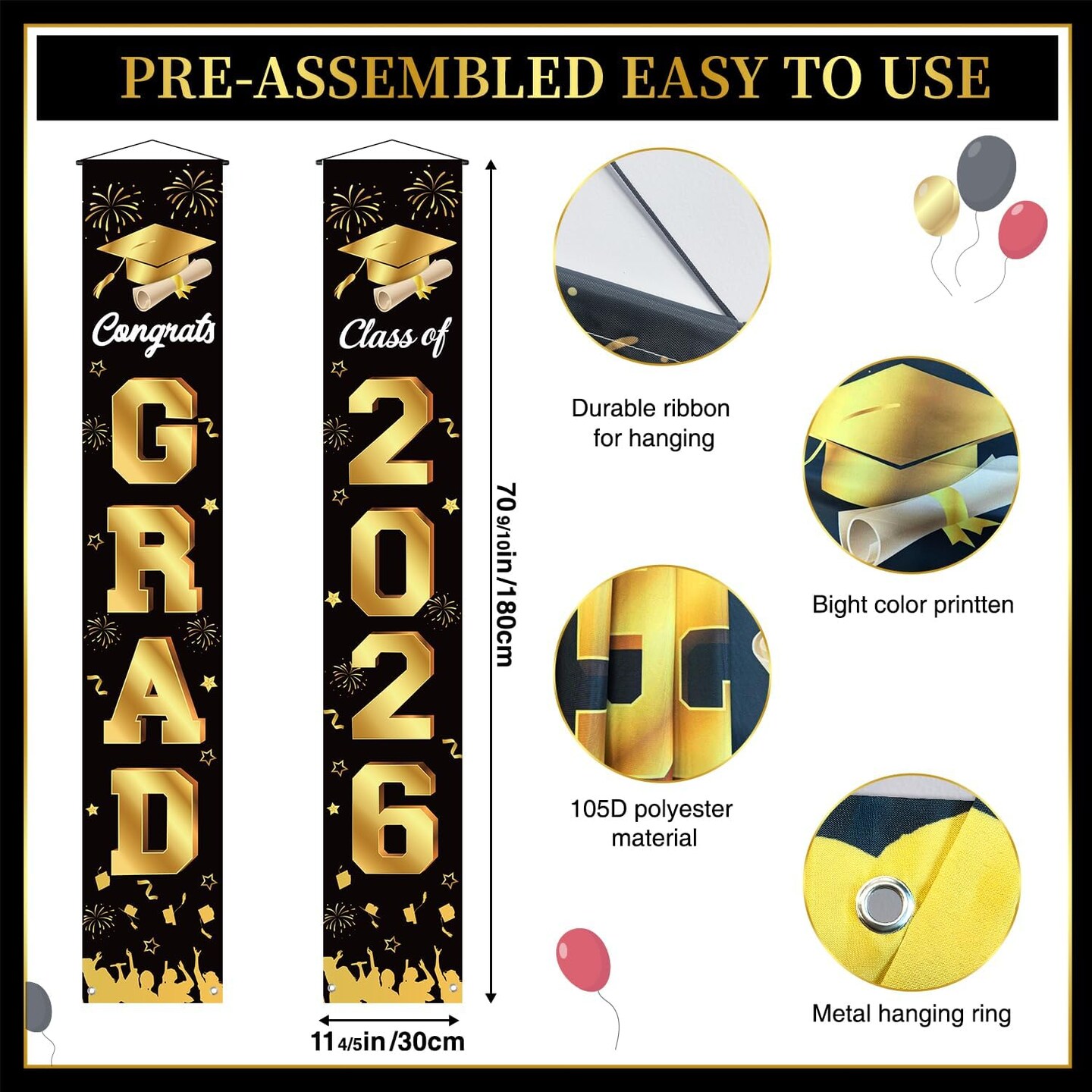 Graduation Party Decoration – Black & Gold Congrats Grad Class of 2026 Porch Banner Set, 71×12 Inch Door & Porch Hanging Signs for Graduation Party Supplies