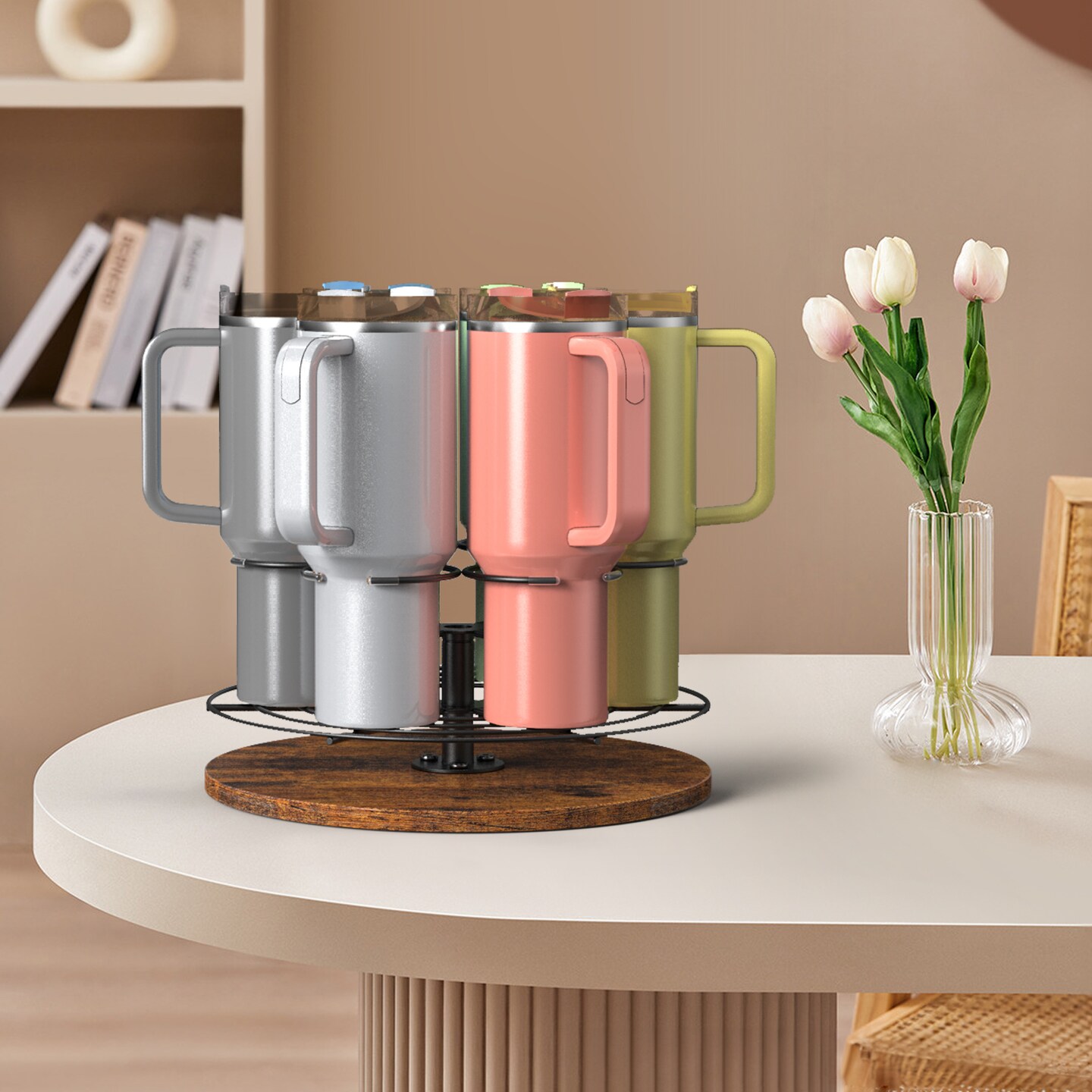 Tumbler Storage Organizer, Rotating 6-Cup Holder with Non-Slip Wooden Base for Stanley Cups