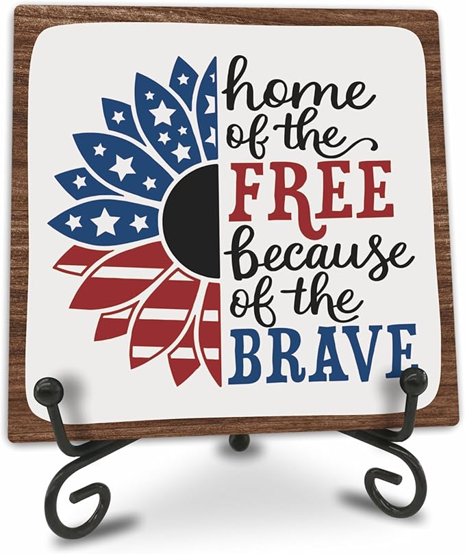 July 4th Petals Wood Plaque With Iron Stand - Home Of The Free Because Of The Brave - 4"x4" Wooden Block Sign, Patriotic Desk Signs, Shelf & Tabletop Decorations, America Memorial Day Supplies - E06