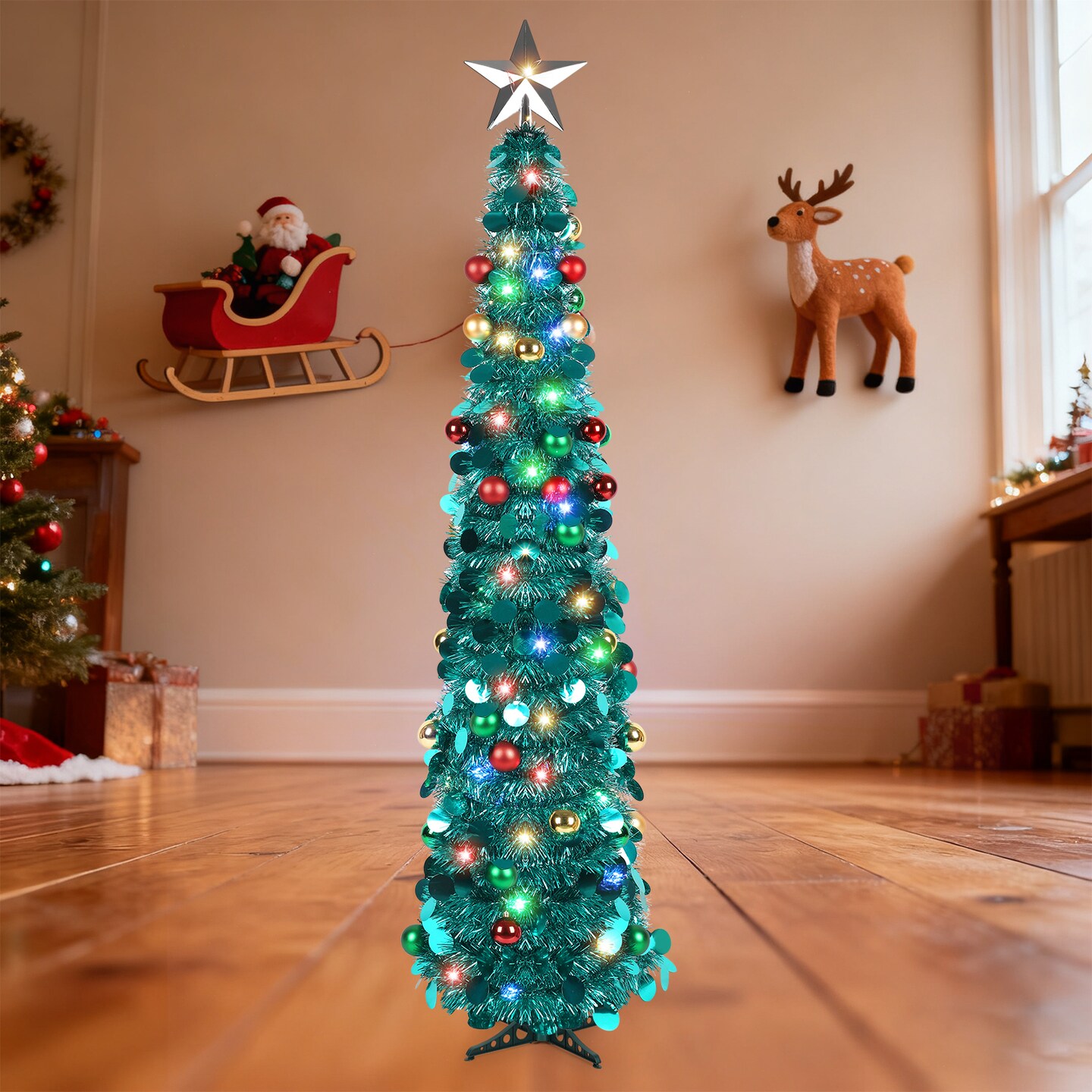 Pre-Lit Teal Tinsel Pencil Christmas Tree, Slim Artificial Tree with Ornaments & Top Star