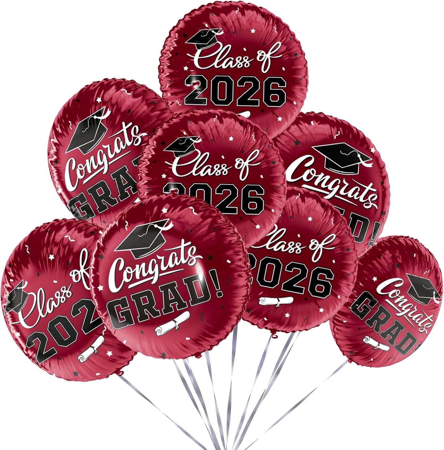 Graduation Party Balloons – Class of 2026 12-Piece 18” Maroon “Congrats Grad” Foil Balloon Set with Double-Sided Design for Graduation Decorations & Celebration Supplies