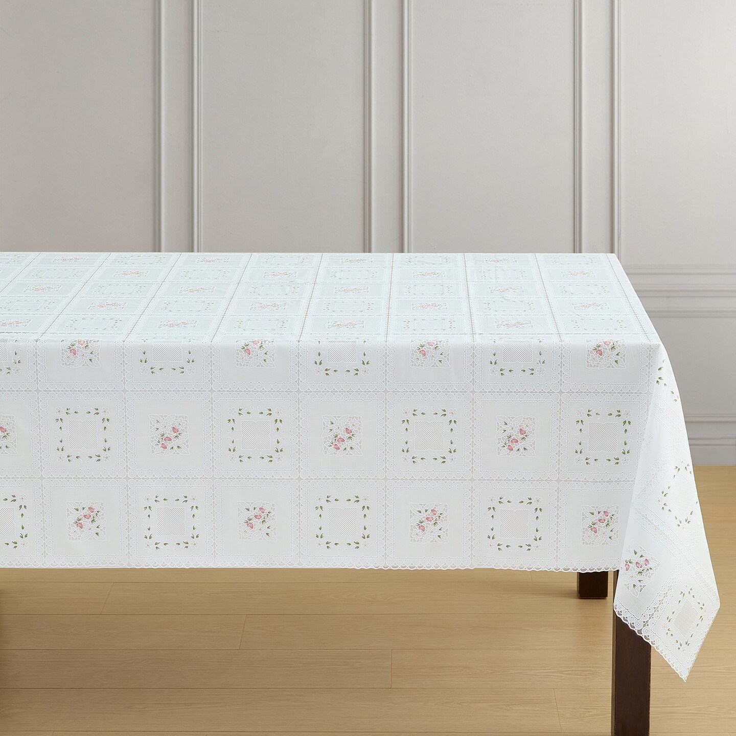 Threadmade Home Floral Lace-Inspired 3-Yard Cut-to-fit Vinyl Tablecloth/Table Protector, White - 54"W x 108"L