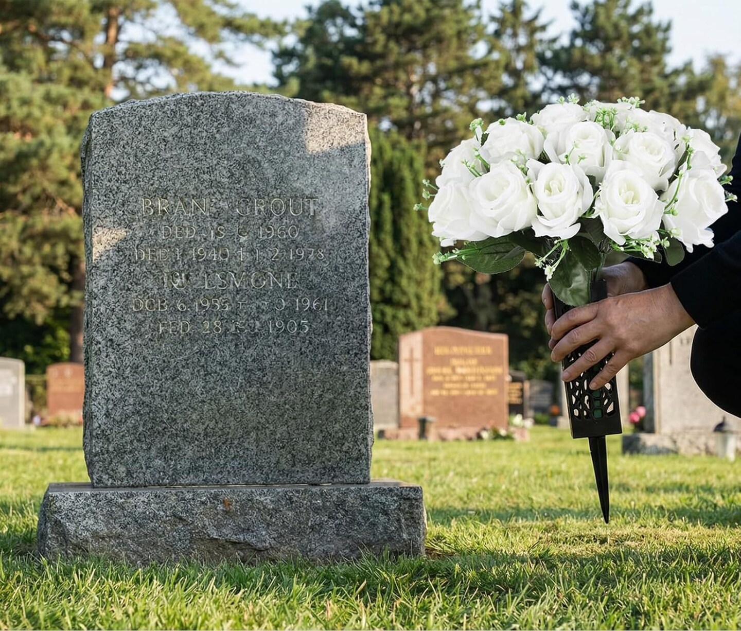 2 Sets Artificial Cemetery Flowers for Grave, Outdoor Roses Funeral Flowers with Cemetery Vase, Memorial Flowers Arrangements Bouquet Vibrant and Long-Lasting Colors(White)