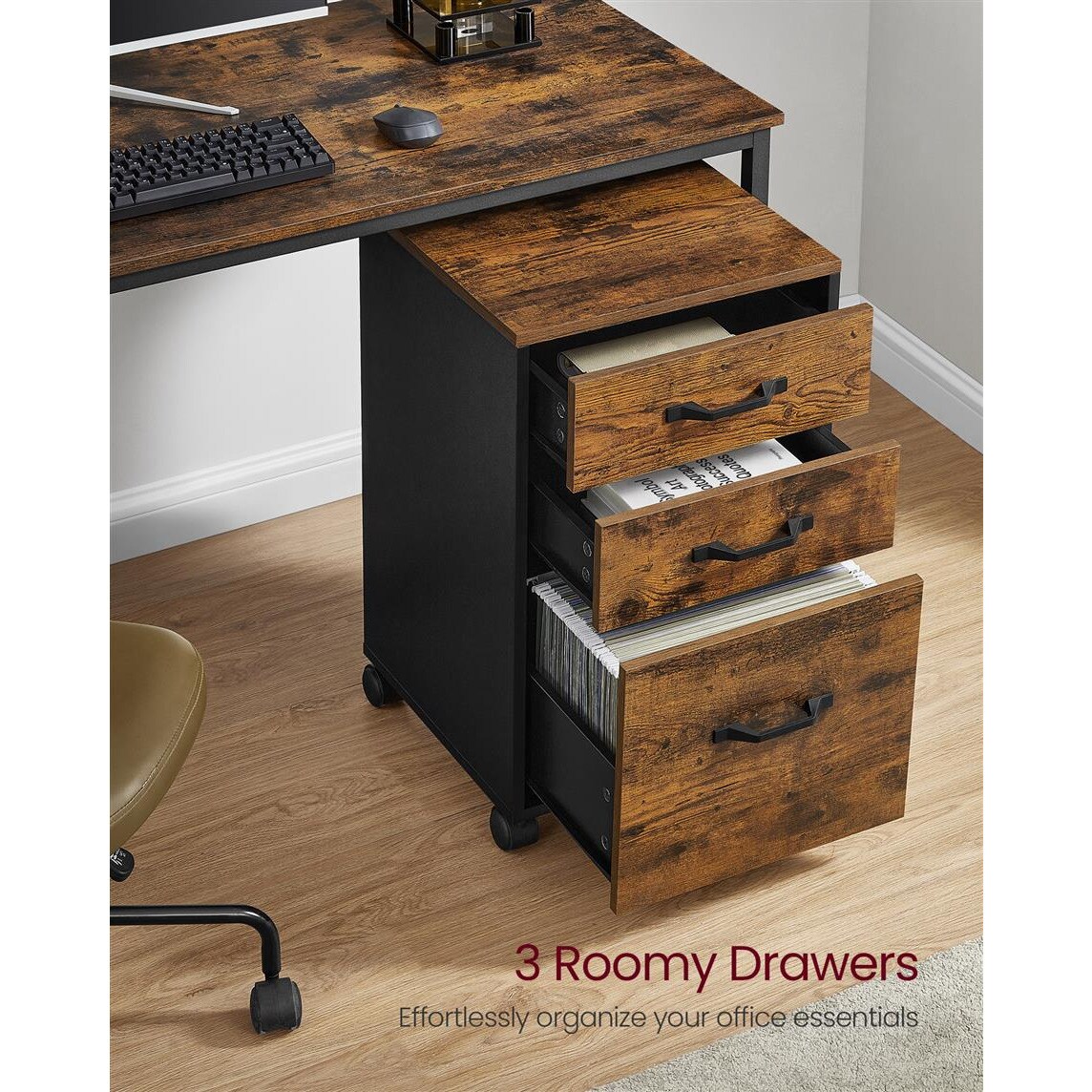 Mobile File Cabinet 3 Drawer Rolling Office Storage Unit with Locking Wheels A4 Letter Size Rustic Brown Ink Black