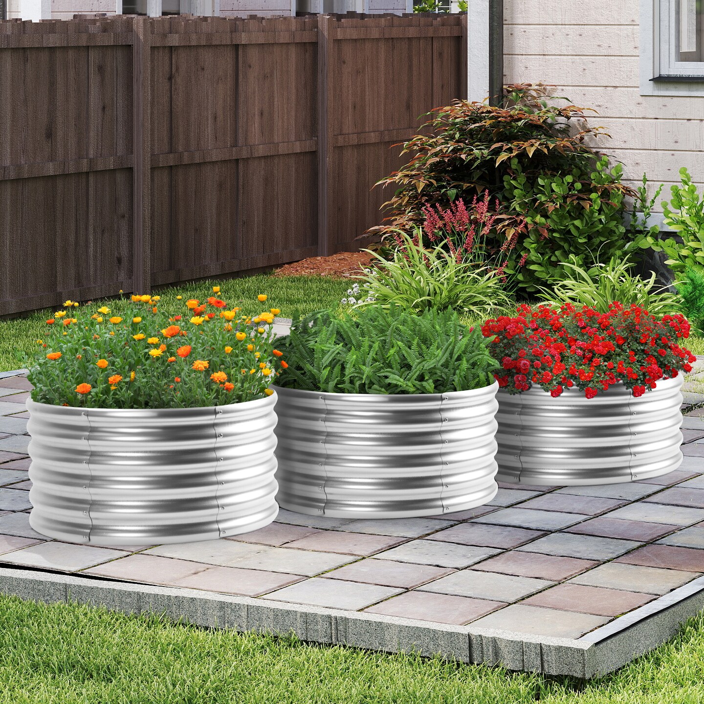 3 Pack Round Galvanized Raised Garden Beds, 24" x 12" Metal Planter Boxes for Flowers, Herbs & Vegetables