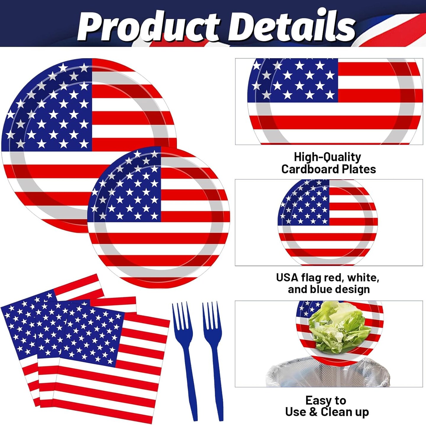 100PCS USA Flag Patriotic Party Supplies Set for 25 Guests – Red, White & Blue Disposable Tableware with Plates, Napkins & Forks (4th of July & Independence Day Decorations)