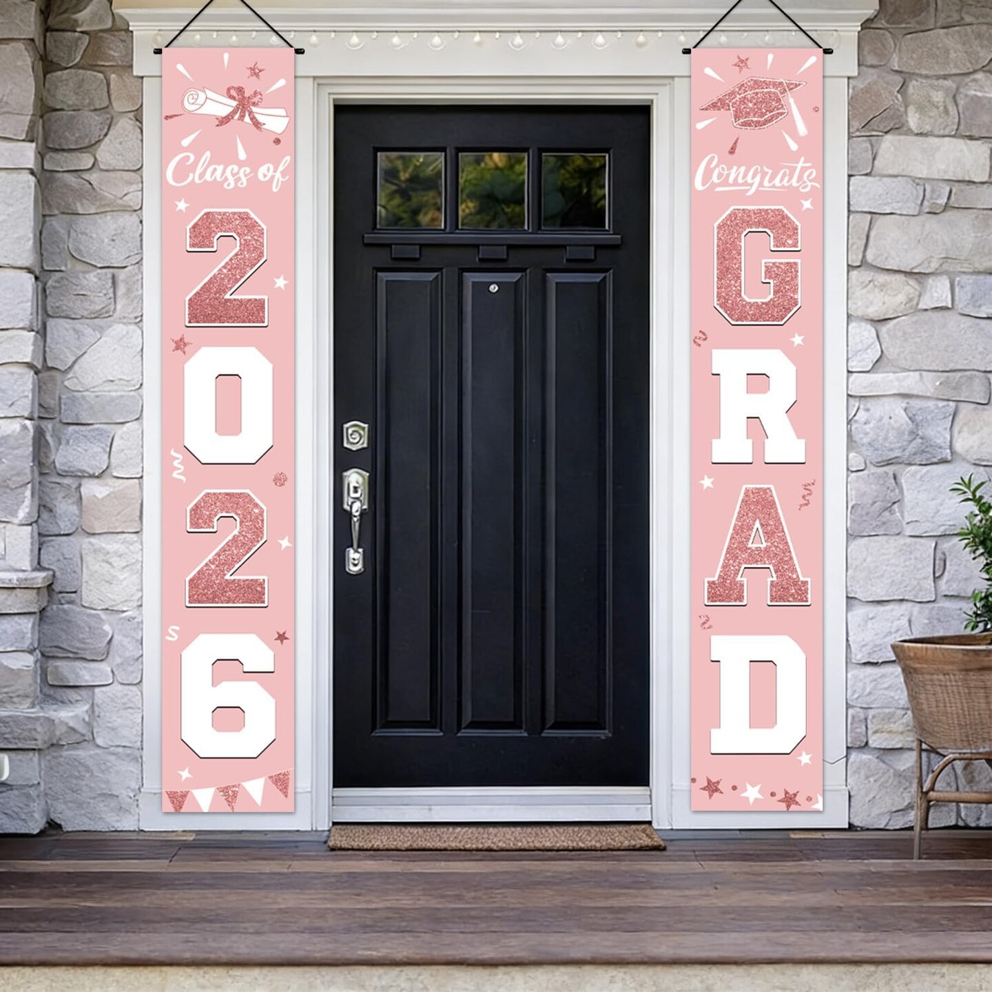 Graduation Party Decoration – Pink Rose Gold Class of 2026 Porch Banner Set, Congrats Grad Door Signs for Elegant Graduation Party Decor Supplies