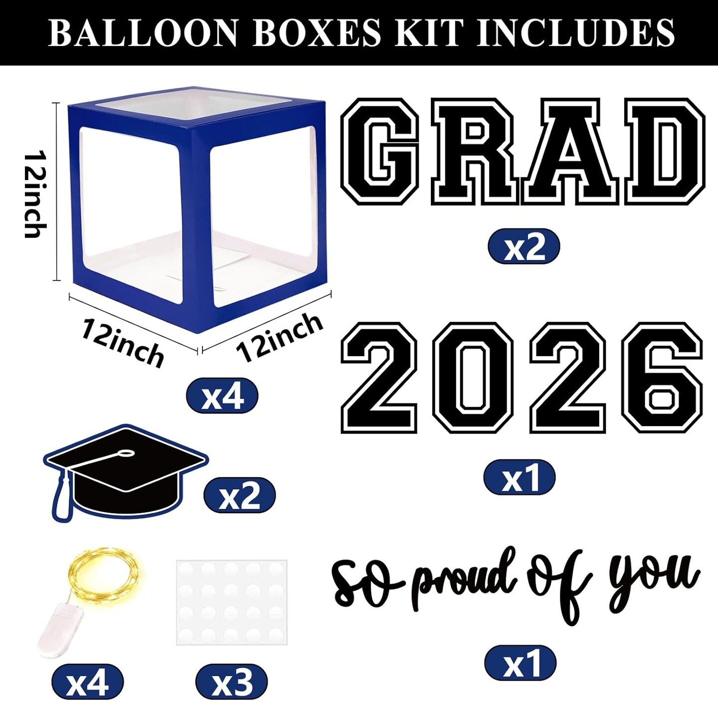 Graduation Party Balloons 2026 – Navy Blue 4-Box Balloon Arch Garland Kit with “So Proud of You” Lights & Class of 2026 Decorations