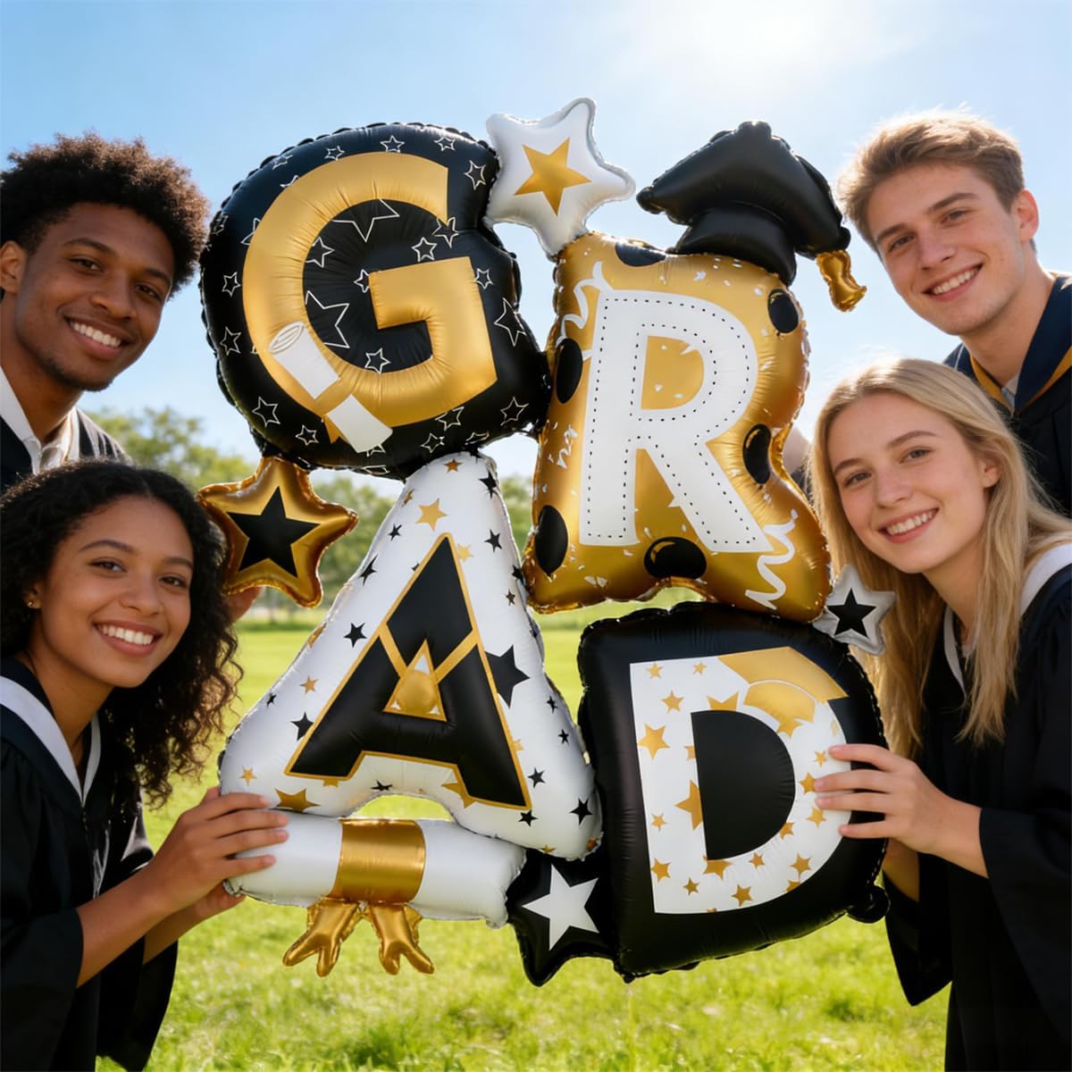 Graduation Party Balloons – 2PCS Giant “GRAD” Foil Letter Balloons Black & Gold Class of 2026 Graduation Decorations for Photo Backdrops & Party Supplies