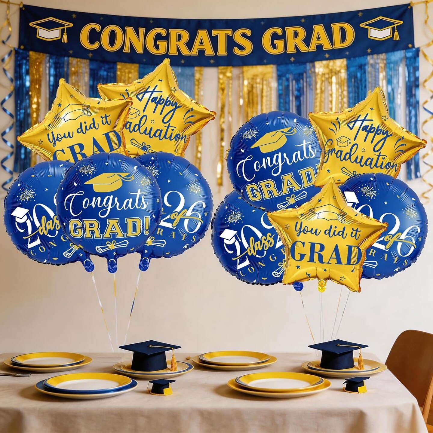 Graduation Party Balloons – Class of 2026 10-Piece Blue & Gold Congrats Grad Foil Balloon Set with Star Mylar Balloons for High School & College Graduation Decorations