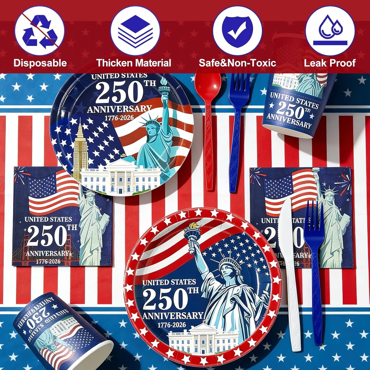 212PCS USA 250th Anniversary Patriotic Party Supplies Set for 30 Guests – American Flag 4th of July Disposable Tableware with Plates, Cups, Napkins, Cutlery & Tablecloths
