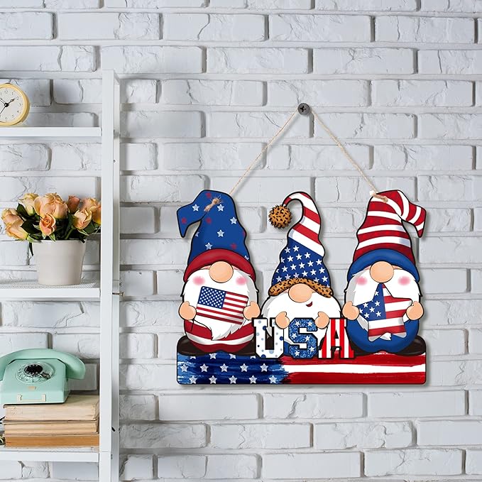 4th of July Gnome Door Sign - 250th Anniversary Patriotic Wooden Plaque - 12" Rustic American Flag Gnome Hanging Decor for Independence Day, Memorial Day & Summer Front Porch