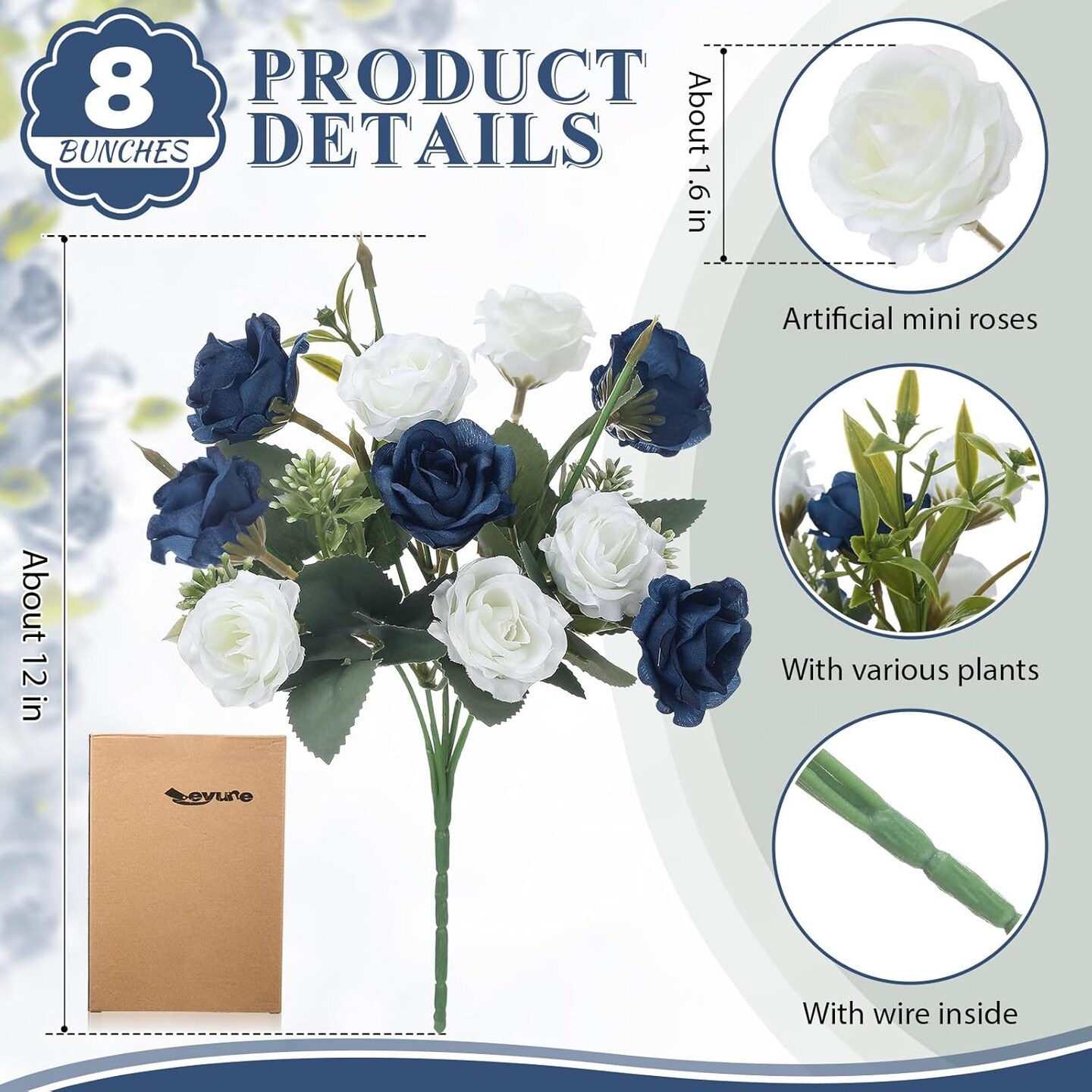 8 Pack 12 Inch Mini Navy Blue and White Artificial Roses Bouquet 80 Heads Fake Silk Roses with Long Stem Rose Flowers Bunches for Baby Shower Party Tables Decorations Cemetery Flowers
