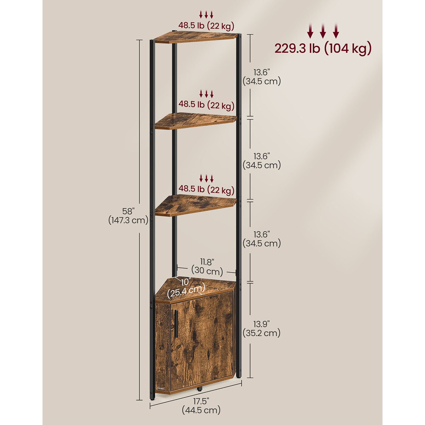 Multi Tier Corner Shelf Unit with Cabinet Door, Industrial Style Space Saving Corner Storage Organizer for Books Decor Plants