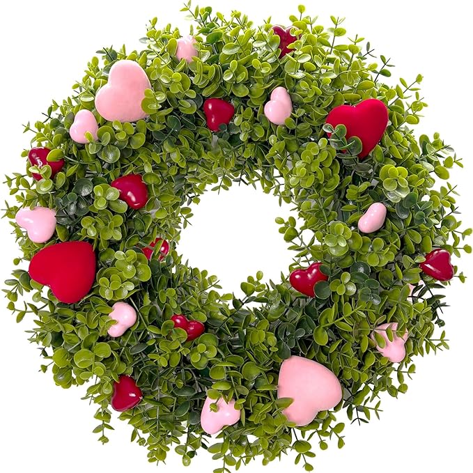 18" Artificial Boxwood Heart Wreath for Front Door - Spring Mother's Day Decor with Flocked Pink & Red Hearts - Romantic Wall Wreath for Valentine’s Day, Weddings, and Anniversaries